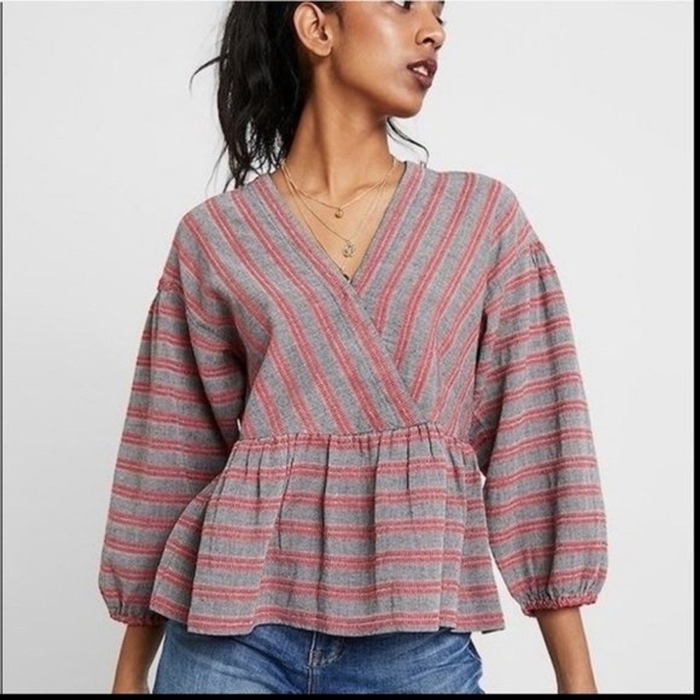 Madewell Striped Bubble-Sleeve Peplum Top Women‎ XL Gray Coastal Orange Stripe